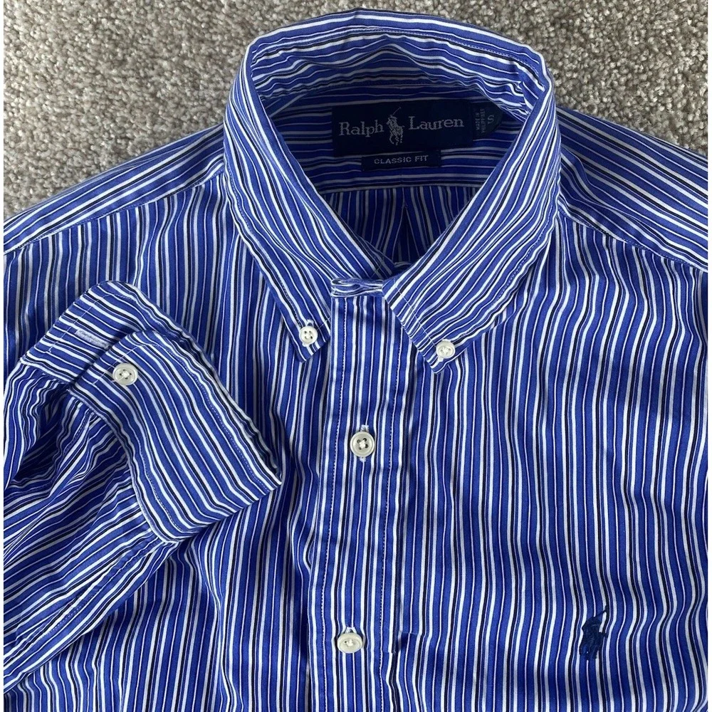 Polo Ralph Lauren Blue/White Striped Shirt Mens S Blue Pony Preppy Cotton Work